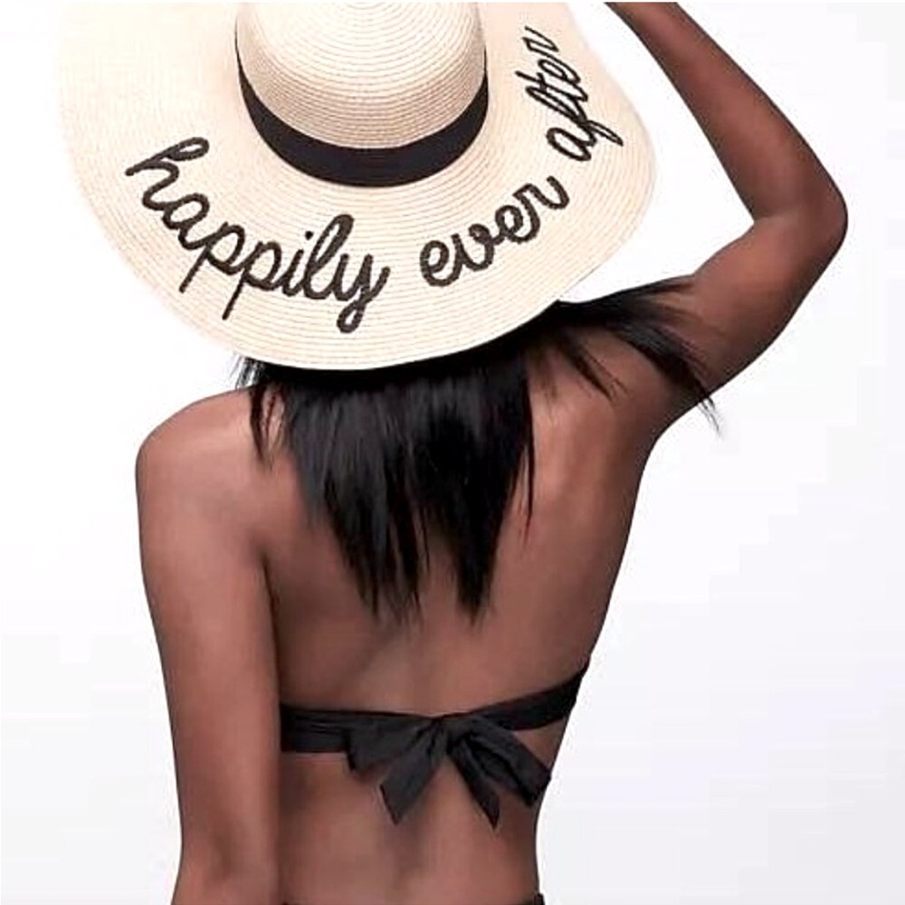 Happily Ever After Bride Bridal Honeymoon Straw Sun Floppy Hat